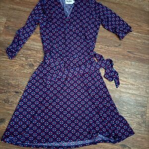 Leota Navy Wrap Midi Dress with Red Geometric Print